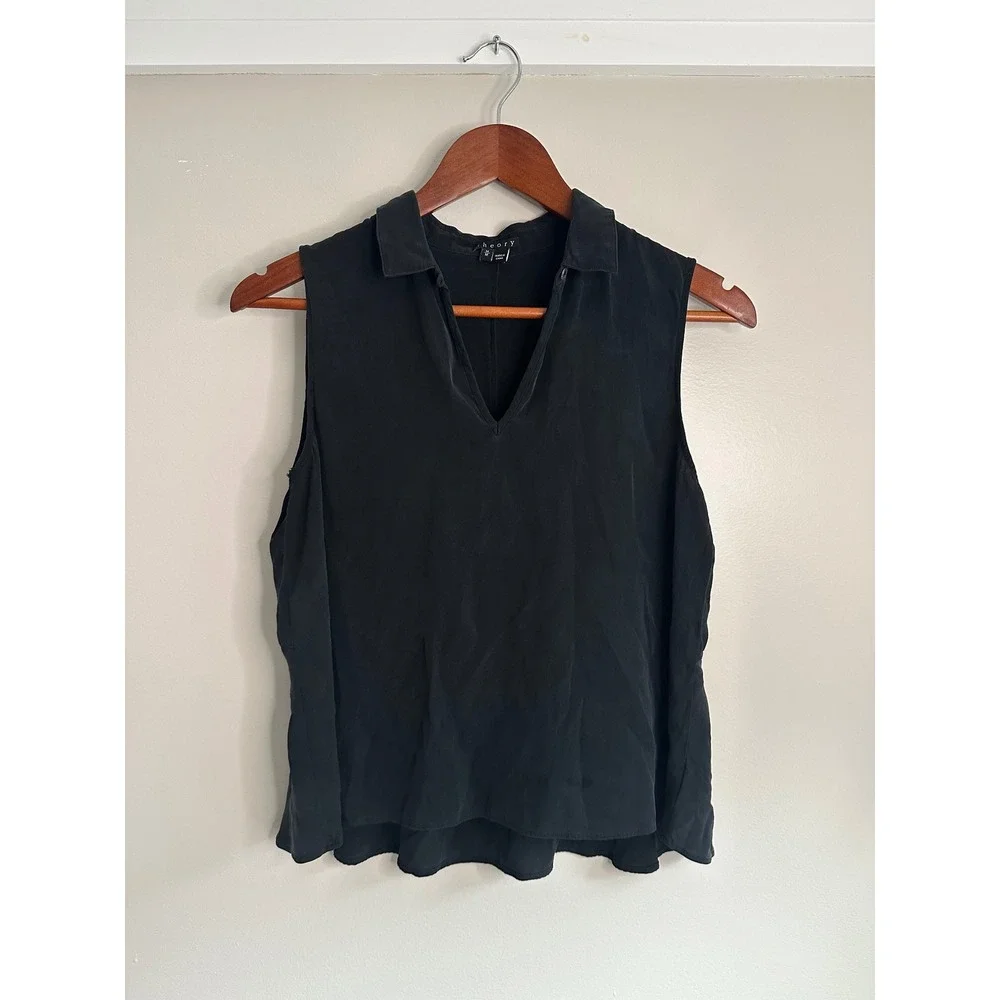 Theory Kenzly Sheen 2 Silk Blouse Womens M Black EUC Sleeveless V-Neck Collar - Picture 1 of 6